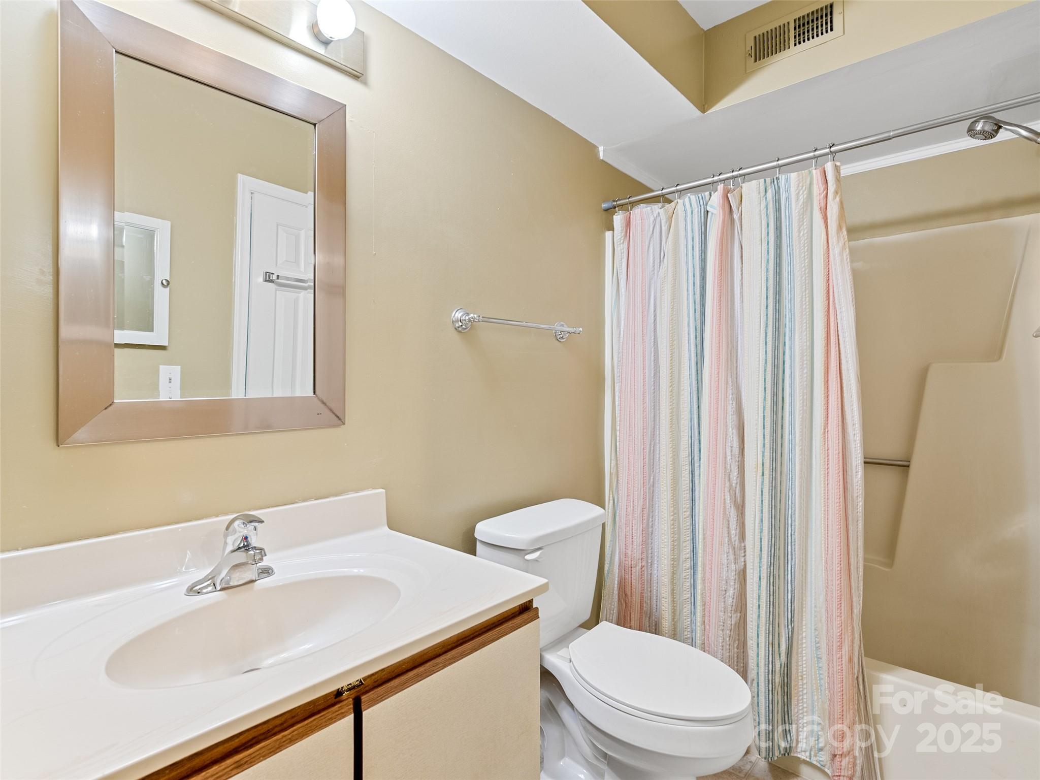 110 Heywood Road, Unit 17C Arden, NC 28704 - Photo 15 of 26 a bathroom with a sink a toilet a mirror and shower curtain