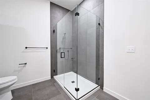 a bathroom with a shower and toilet