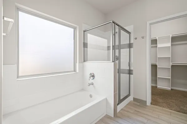 a bathroom with a bathtub and a shower