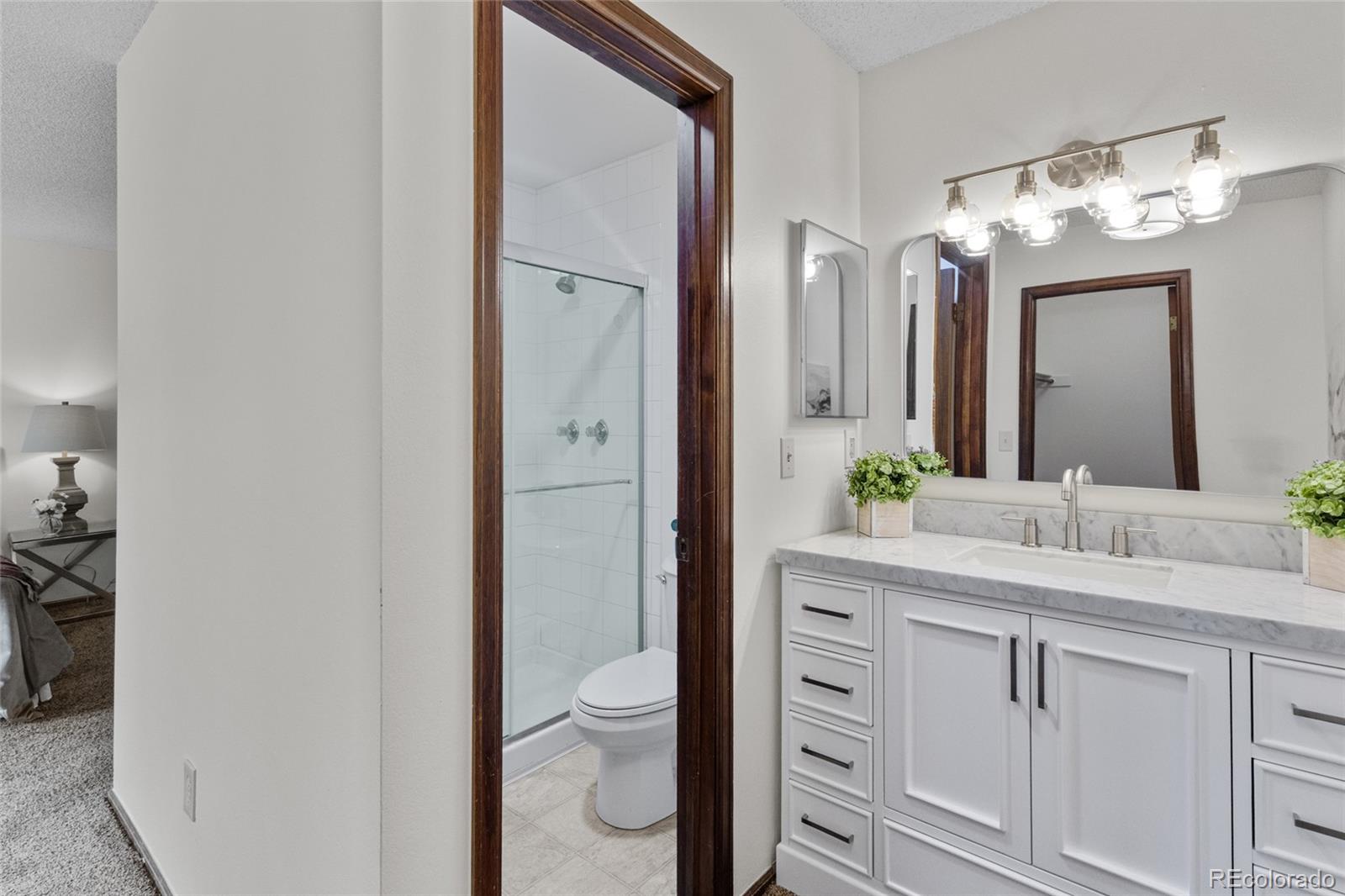8441 Timberwood Street Highlands Ranch, CO 80126 - Photo 20 of 32 a spacious bathroom with a granite countertop sink a toilet and a mirror