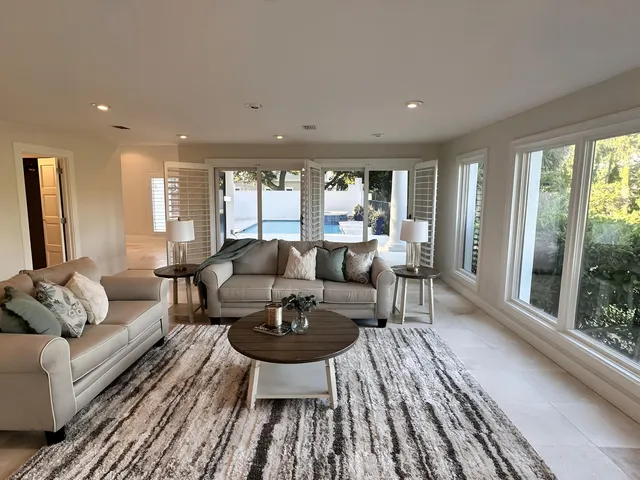 a living room with furniture and a potted plant