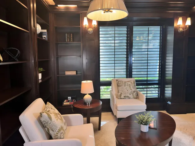 a view of a dining room with furniture