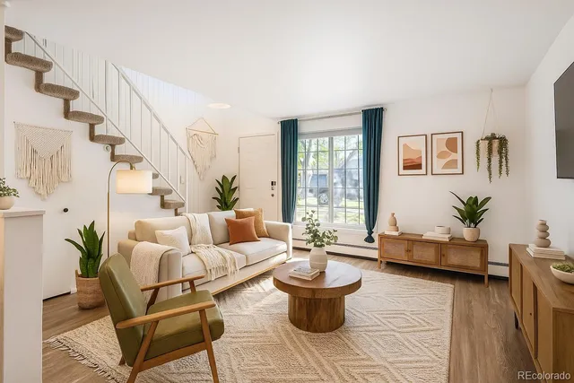 a living room with furniture and a potted plant