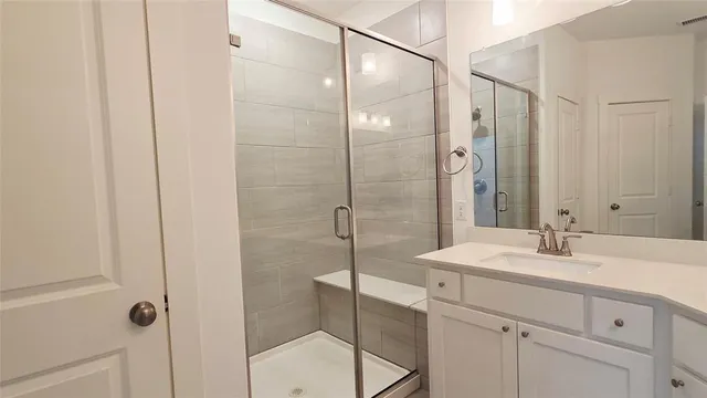a bathroom with a shower sink and mirror