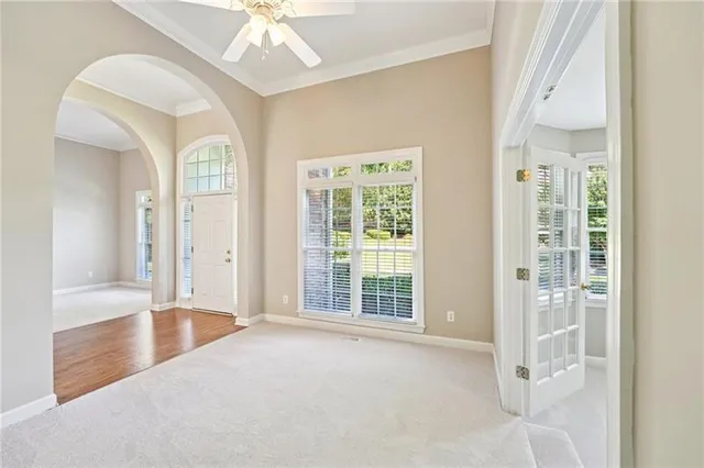 a view of a livingroom with wooden floor