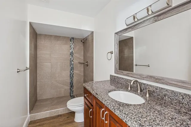 a bathroom with a granite countertop sink toilet and shower