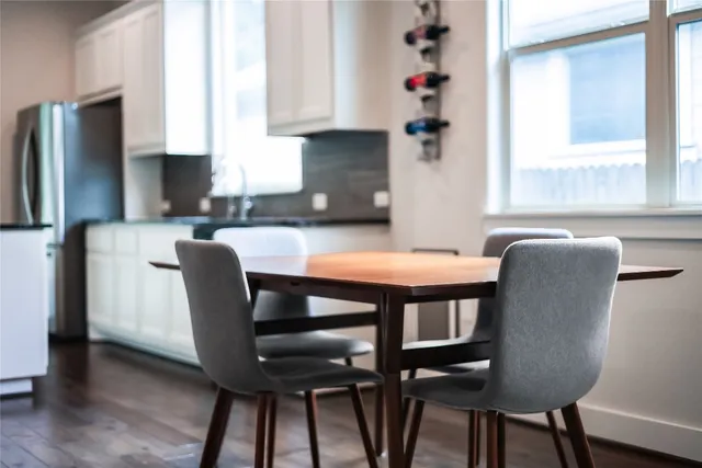 a view of a dining room with furniture and window