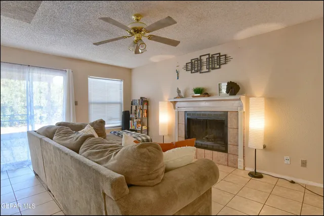 a living room with furniture and a fireplace