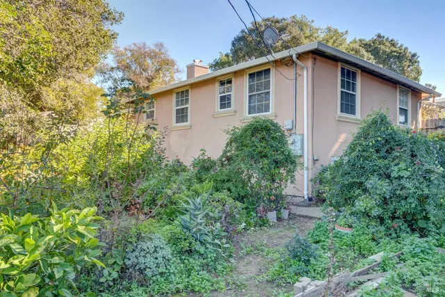 a front view of a house with plants and trees