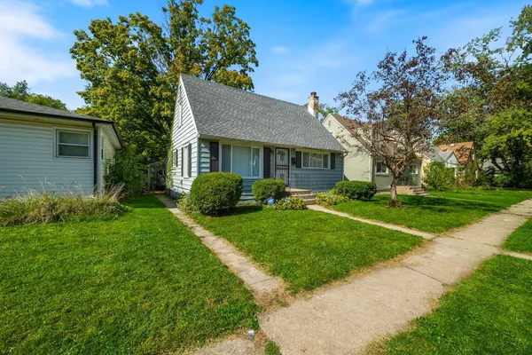 a backyard of a house with plants and large tree