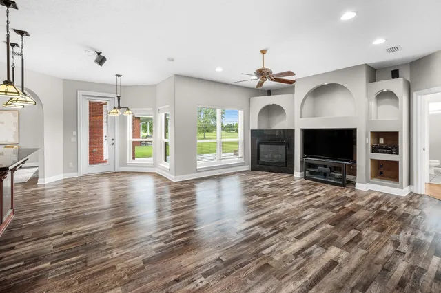 a view of a lake with a big yard