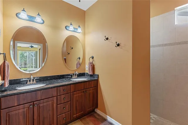 a bathroom with a granite countertop shower