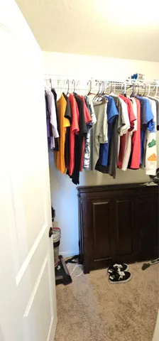 a view of walk in closet with clothes and shoes