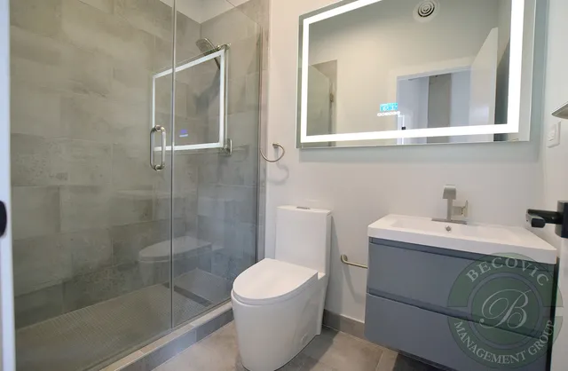 a bathroom with a sink toilet a mirror and shower