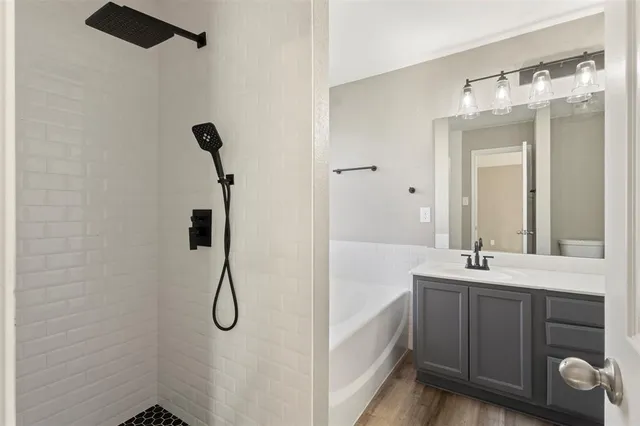 a bathroom with a shower sink and mirror