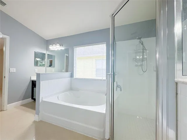 a bathroom with a sink a large mirror and a shower