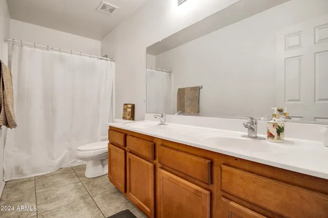 a bathroom with a double vanity sink toilet and a mirror