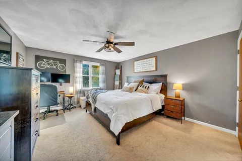 a bedroom with a large bed and furniture