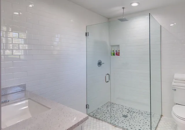 a bathroom with a shower and a toilet