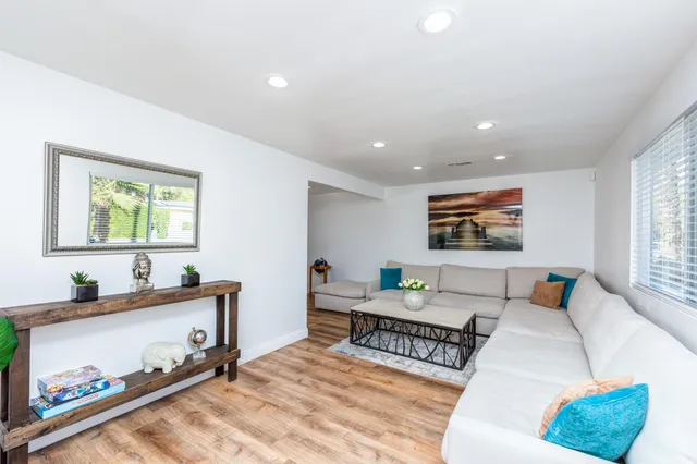 a living room with furniture and a potted plant
