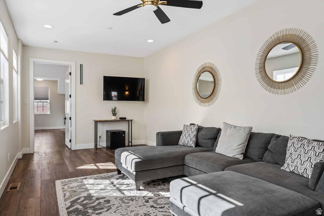 4311 Canterbury Road, Unit F2 Hurricane, UT 84737 - Photo 9 of 18 Spacious living area featuring wood-finish flooring, recessed lighting, and a modern ceiling fan