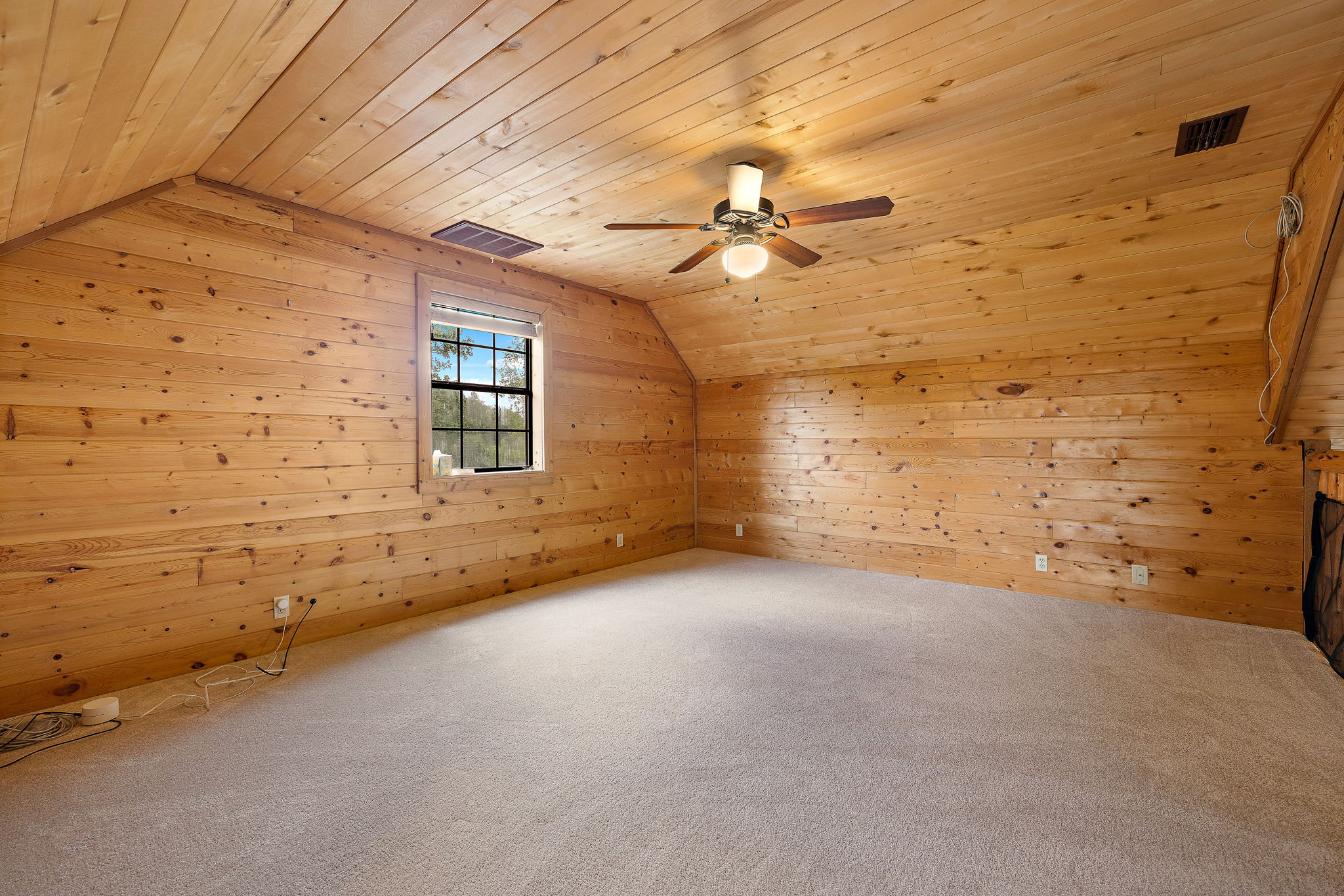 571 Balch Road Elgin, TX 78621 - Photo 21 of 33 Spacious room featuring extensive wood paneling on walls and vaulted ceiling, light-colored carpeting, a window with a multi-pane grid, and a ceiling fan with integrated lighting
