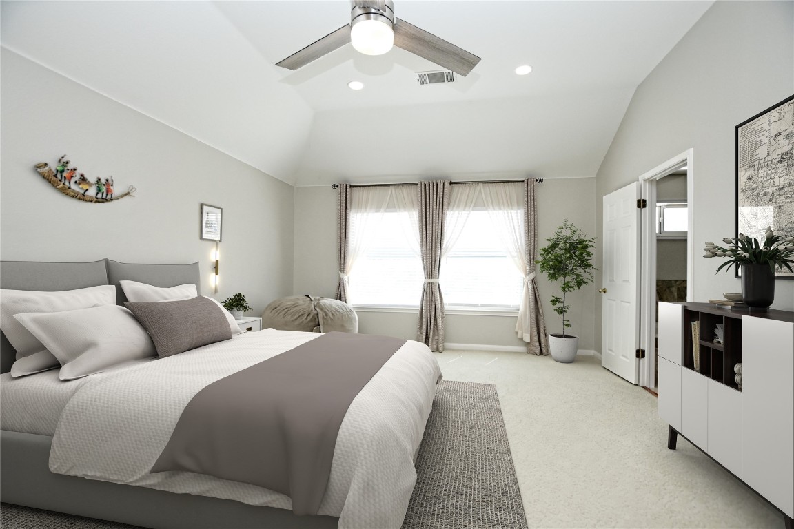 15701 Pumpkin Ridge Drive Austin, TX 78717 - Photo 20 of 37 Bedroom featuring recessed lighting, light carpet, a ceiling fan, visible vents, and vaulted ceiling