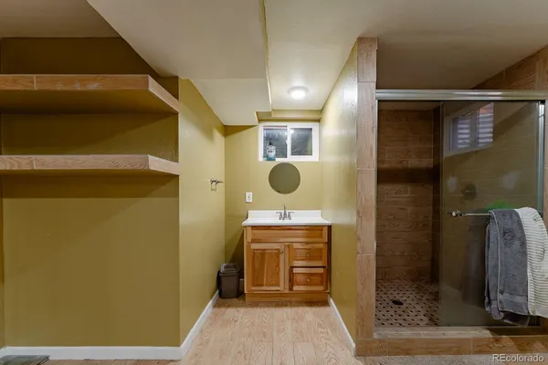 a bathroom with a mirror