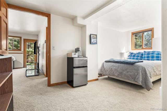 a bedroom with a bed and a cabinets