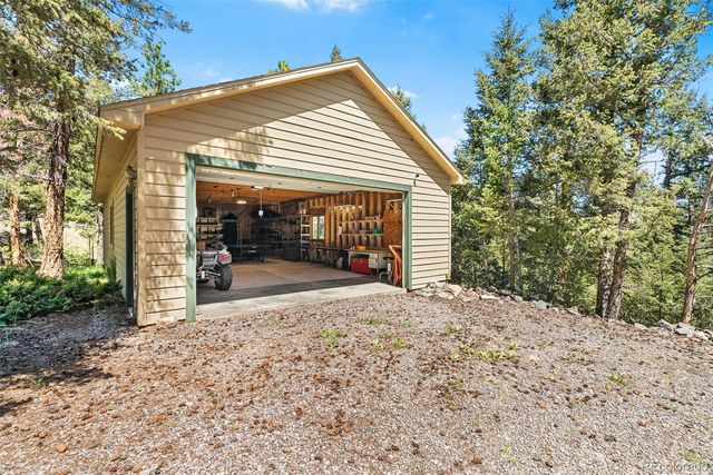 a view of a garage with storage