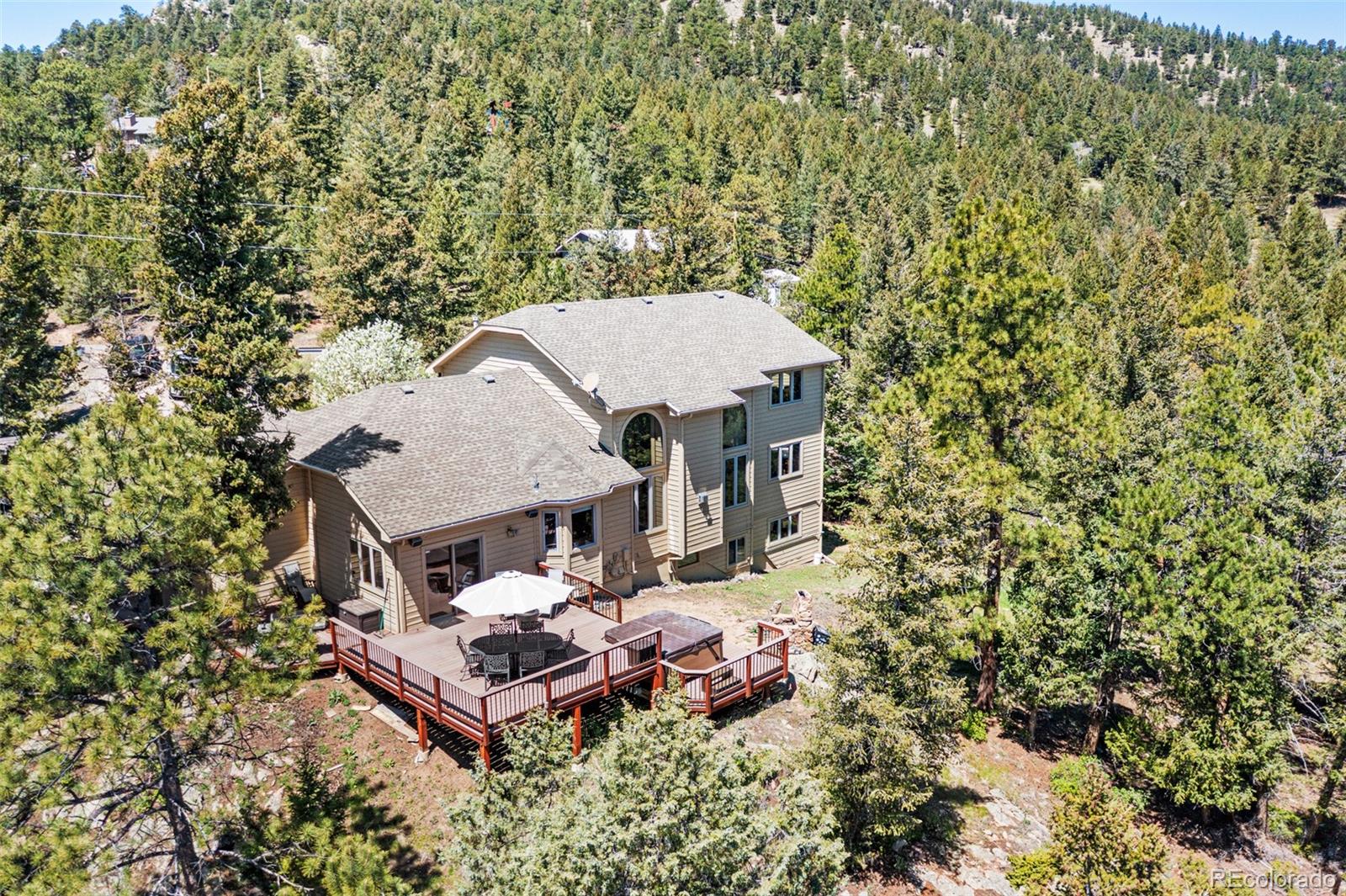 6252 King Drive Evergreen, CO 80439 - Photo 48 of 50 an aerial view of a house with swimming pool and large trees