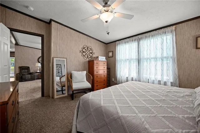 a bedroom with a large bed and a chandelier