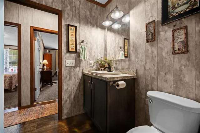 a bathroom with a toilet a sink a mirror and vanity