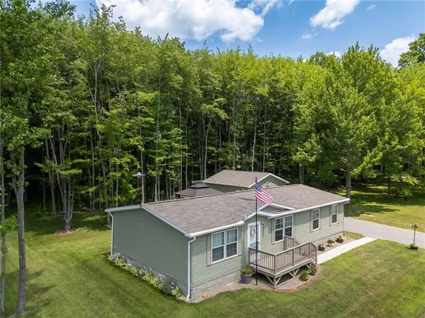 an aerial view of a house with swimming pool and large trees