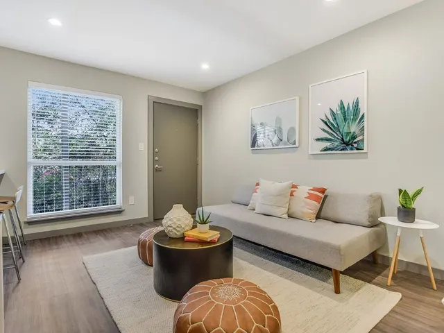a living room with furniture and a potted plant