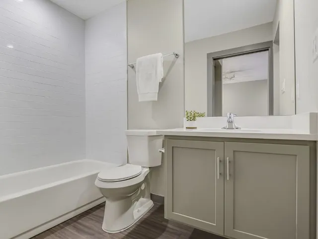 a bathroom with a bathtub sink mirror and toilet