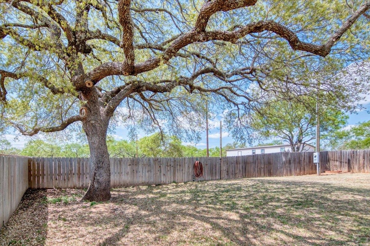 243 East Flag Creek Ranch Road Llano, TX 78643 - Photo 26 of 29 a view of a yard with a tree and wooden fence