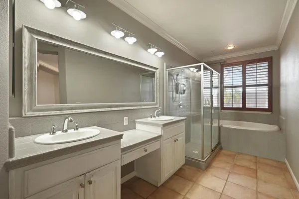 a bathroom with a sink double vanity granite tub shower and a mirror