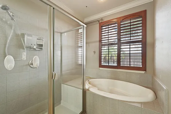 a bathroom with a bathtub and a shower