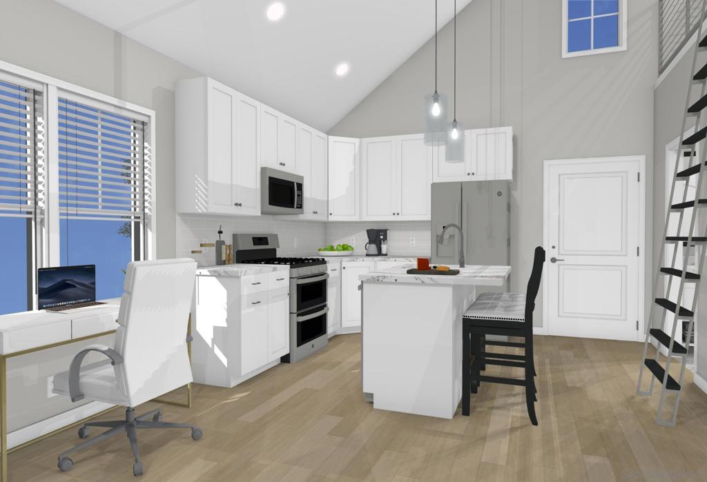 32065 Hunsaker Way Running Springs, CA 92382 - Photo 36 of 39 a kitchen with a refrigerator a stove top oven a sink dishwasher and white cabinets with wooden floor