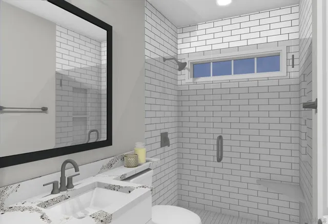 a bedroom with a bed and a shower