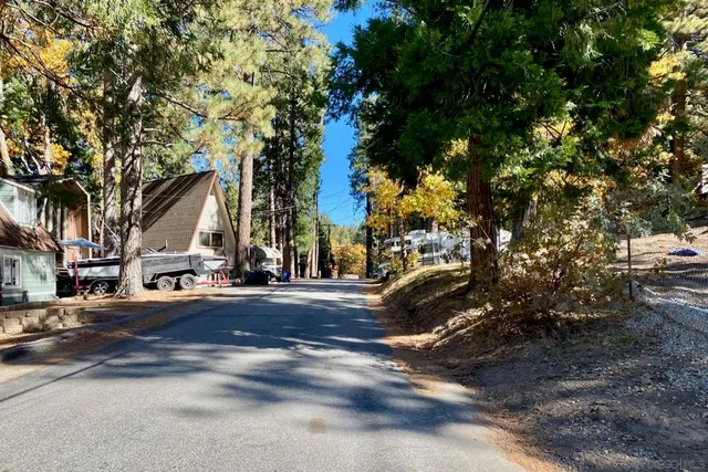 an aerial view of a houses with a street and trees