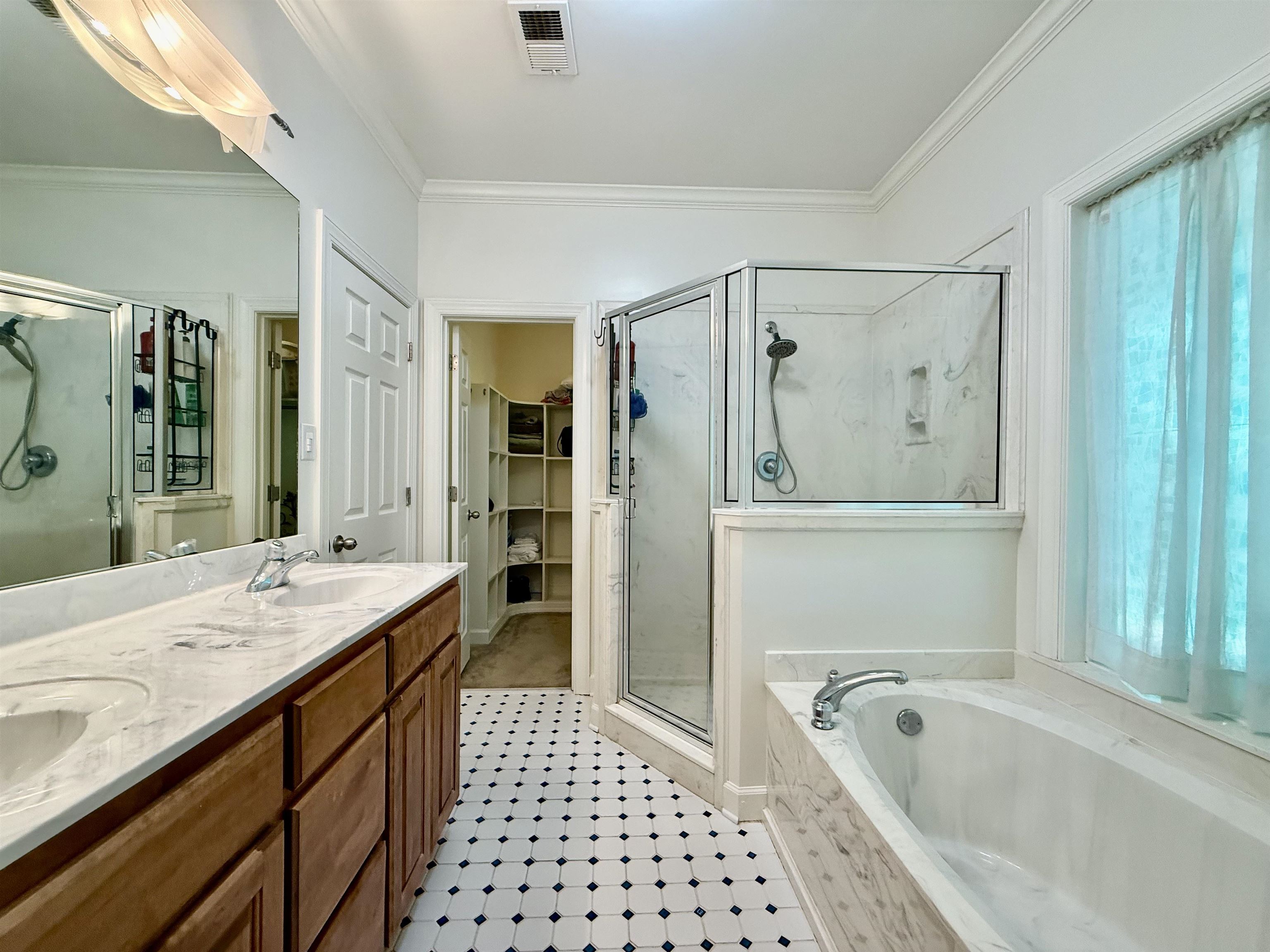 2620 Tomlin Road Somerville, TN 38068 - Photo 22 of 40 a bathroom with a granite countertop sink a mirror a bathtub and shower