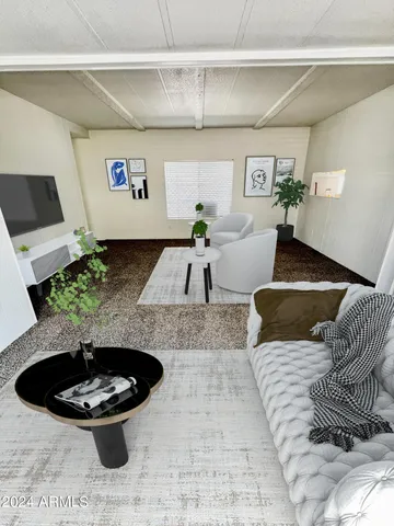 a living room with furniture and a potted plant