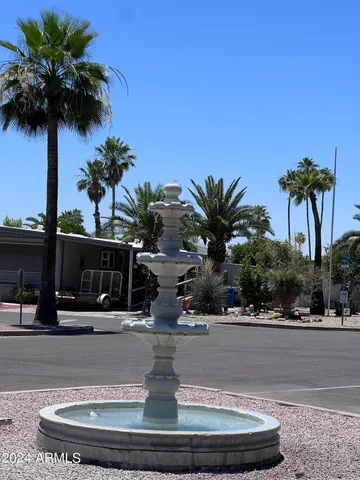 a view of a swimming pool with palm trees