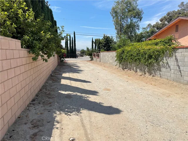 a view of a yard with plants and trees