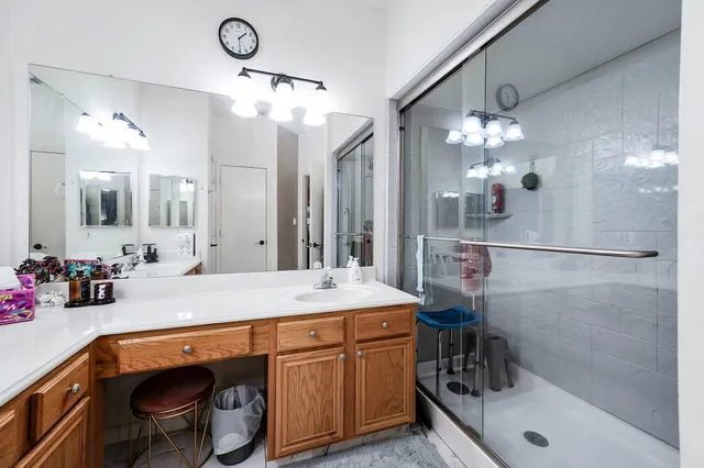 a bathroom with a sink a mirror and a shower