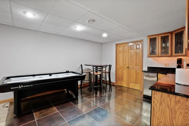 an aerial view of a house with a garden