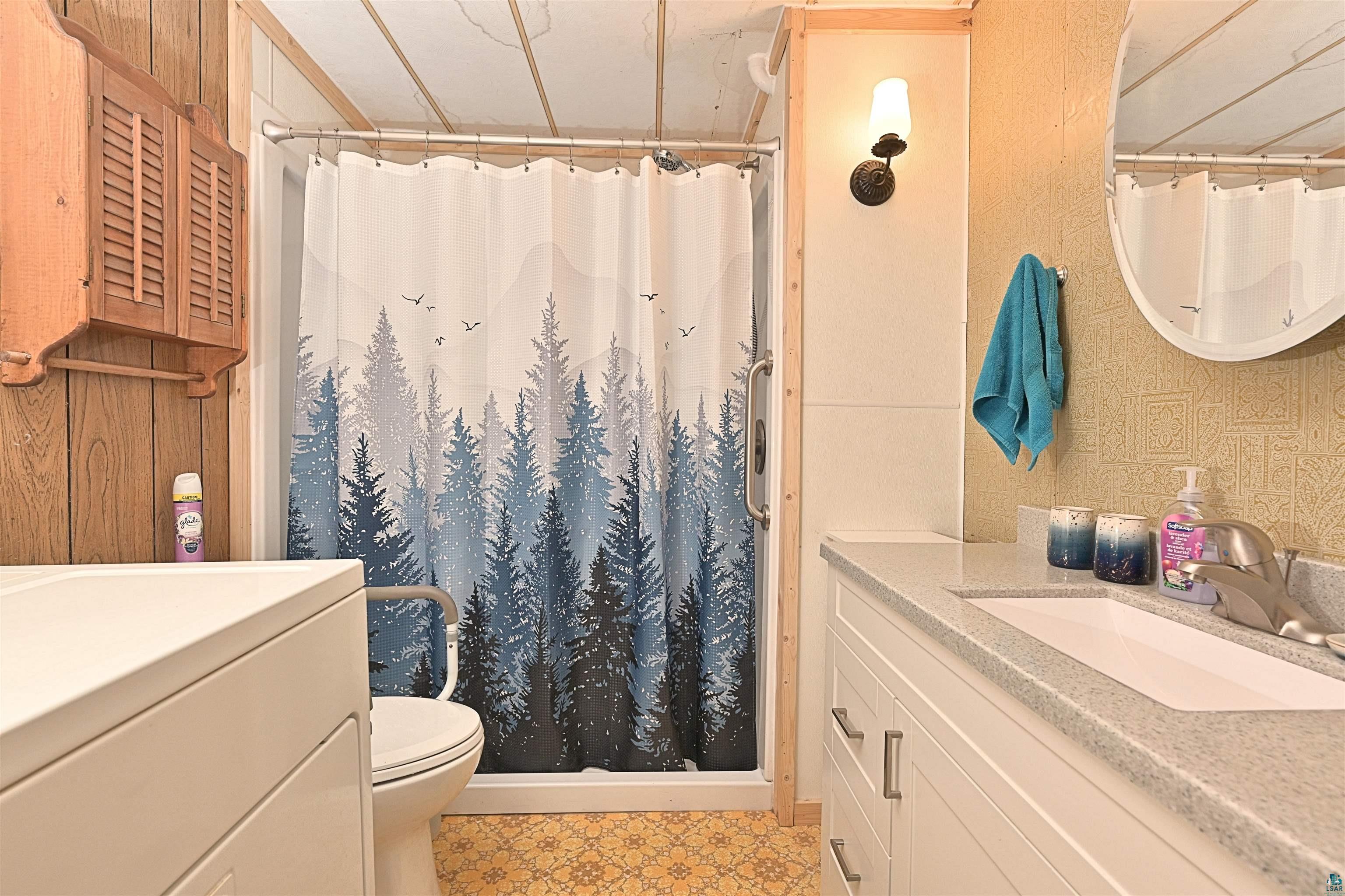 6800 Salveson Road Finland, MN 55603 - Photo 14 of 20 Bathroom featuring vanity, curtained shower, washer / dryer, and light floors
