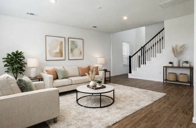 a living room with furniture and a potted plant